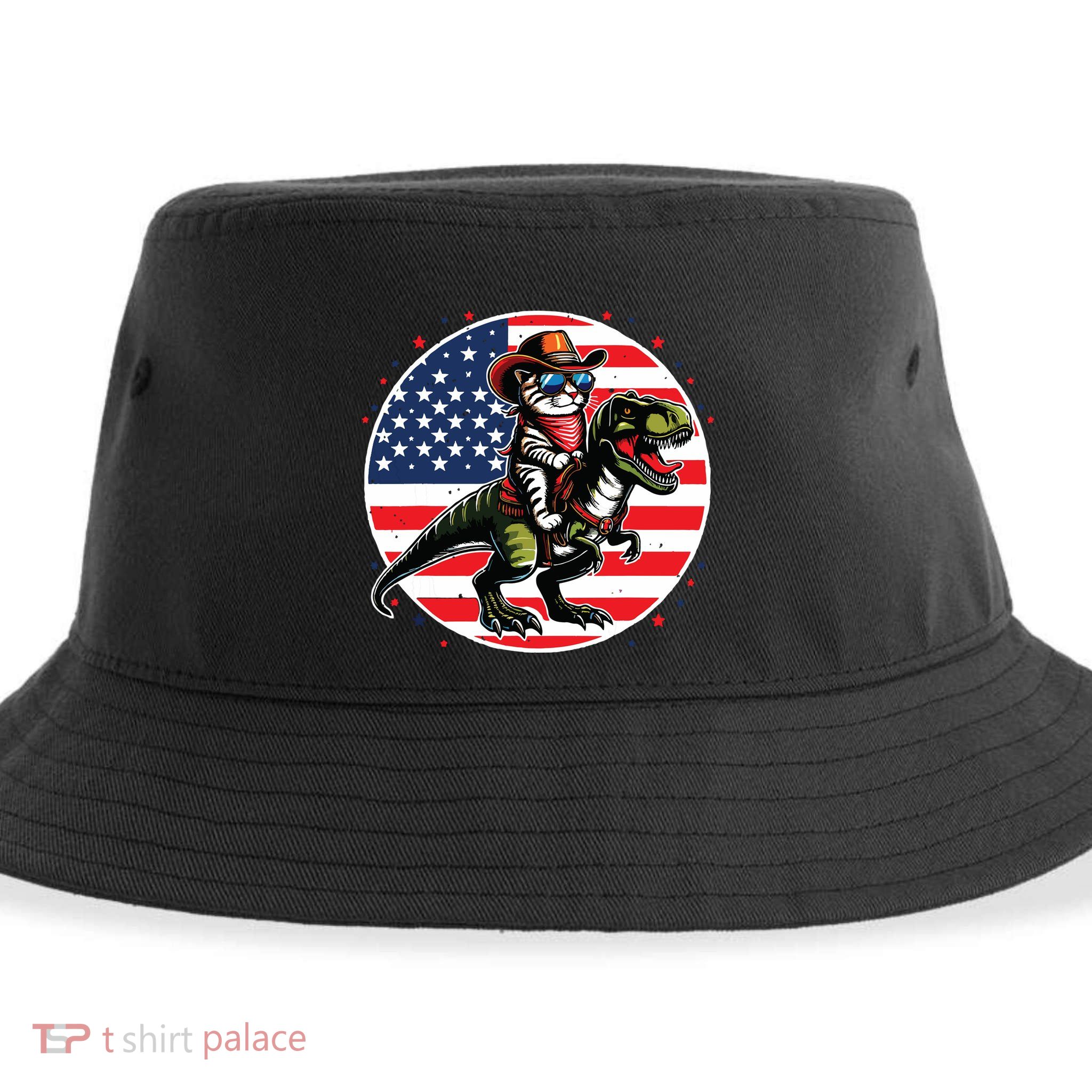 Funny Cowboy Cat Riding Dinosaur Usa Flag Trex 4th Of July Sustainable Bucket Hat