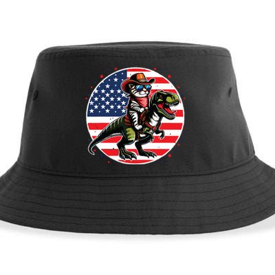 Funny Cowboy Cat Riding Dinosaur Usa Flag Trex 4th Of July Sustainable Bucket Hat