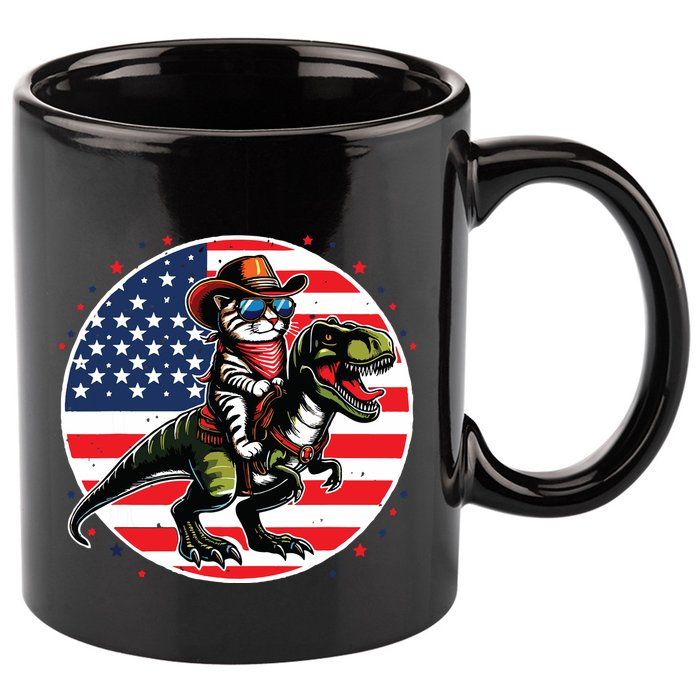 Funny Cowboy Cat Riding Dinosaur Usa Flag Trex 4th Of July 11oz C Handle Ceramic Mug