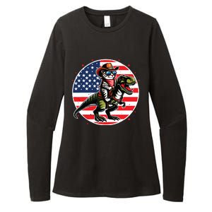 Funny Cowboy Cat Riding Dinosaur Usa Flag Trex 4th Of July Womens CVC Long Sleeve Shirt