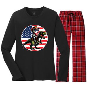 Funny Cowboy Cat Riding Dinosaur Usa Flag Trex 4th Of July Women's Long Sleeve Flannel Pajama Set 