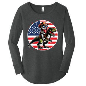 Funny Cowboy Cat Riding Dinosaur Usa Flag Trex 4th Of July Women's Perfect Tri Tunic Long Sleeve Shirt