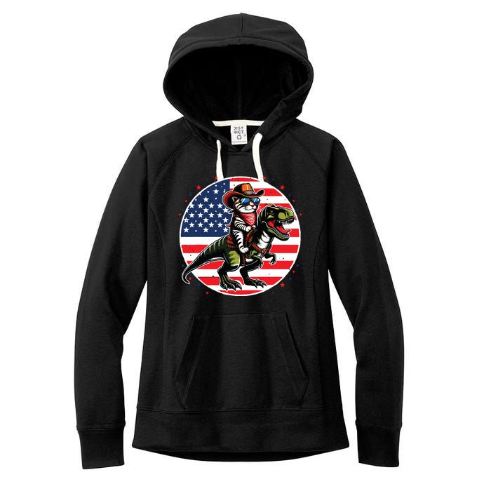 Funny Cowboy Cat Riding Dinosaur Usa Flag Trex 4th Of July Women's Fleece Hoodie