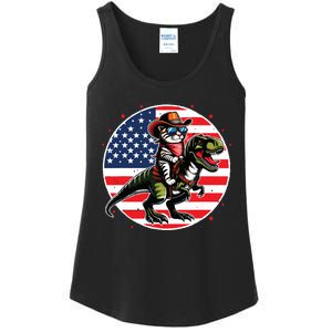 Funny Cowboy Cat Riding Dinosaur Usa Flag Trex 4th Of July Ladies Essential Tank