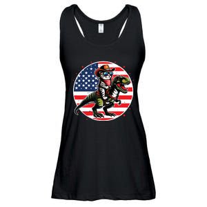 Funny Cowboy Cat Riding Dinosaur Usa Flag Trex 4th Of July Ladies Essential Flowy Tank