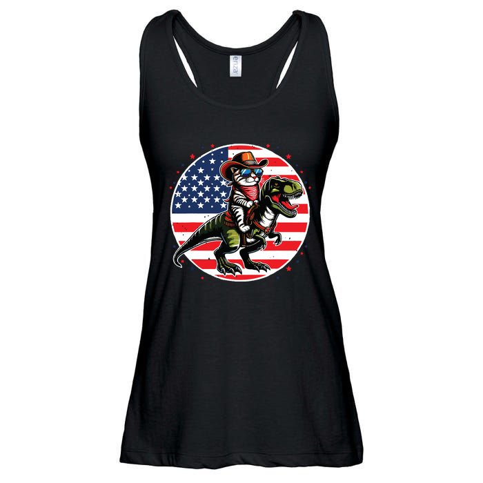 Funny Cowboy Cat Riding Dinosaur Usa Flag Trex 4th Of July Ladies Essential Flowy Tank