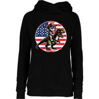 Funny Cowboy Cat Riding Dinosaur Usa Flag Trex 4th Of July Womens Funnel Neck Pullover Hood