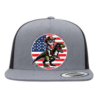 Funny Cowboy Cat Riding Dinosaur Usa Flag Trex 4th Of July Flat Bill Trucker Hat