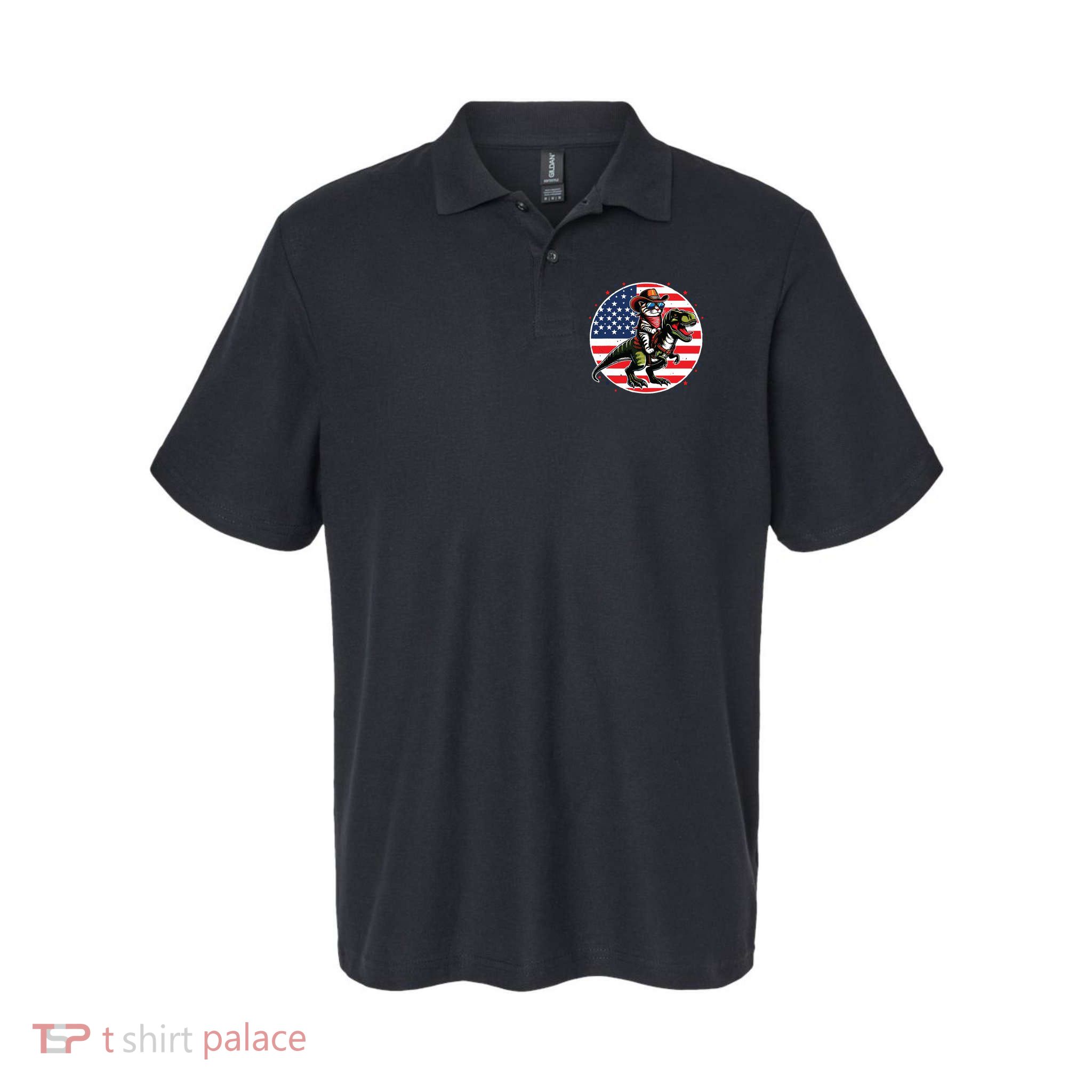 Funny Cowboy Cat Riding Dinosaur Usa Flag Trex 4th Of July Polo