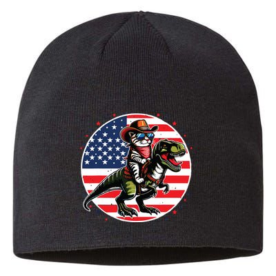 Funny Cowboy Cat Riding Dinosaur Usa Flag Trex 4th Of July Sustainable Beanie