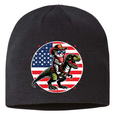 Funny Cowboy Cat Riding Dinosaur Usa Flag Trex 4th Of July Sustainable Beanie