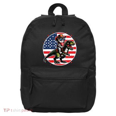 Funny Cowboy Cat Riding Dinosaur Usa Flag Trex 4th Of July 16 in Basic Backpack