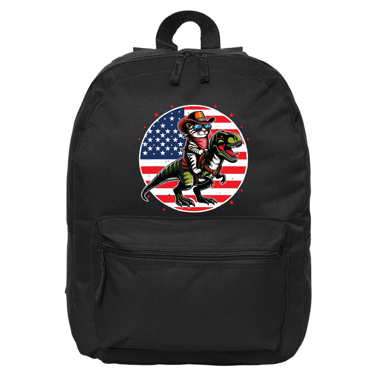 Funny Cowboy Cat Riding Dinosaur Usa Flag Trex 4th Of July 16 in Basic Backpack