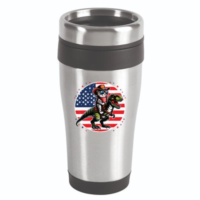 Funny Cowboy Cat Riding Dinosaur Usa Flag Trex 4th Of July 16oz Travel Tumbler