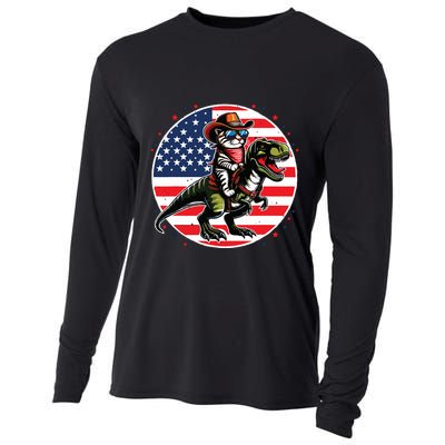 Funny Cowboy Cat Riding Dinosaur Usa Flag Trex 4th Of July Cooling Performance Long Sleeve Crew