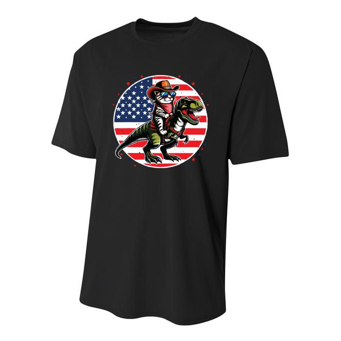 Funny Cowboy Cat Riding Dinosaur Usa Flag Trex 4th Of July Youth Performance Sprint T-Shirt