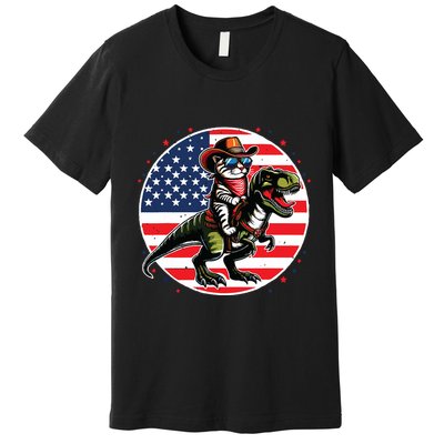 Funny Cowboy Cat Riding Dinosaur Usa Flag Trex 4th Of July Premium T-Shirt