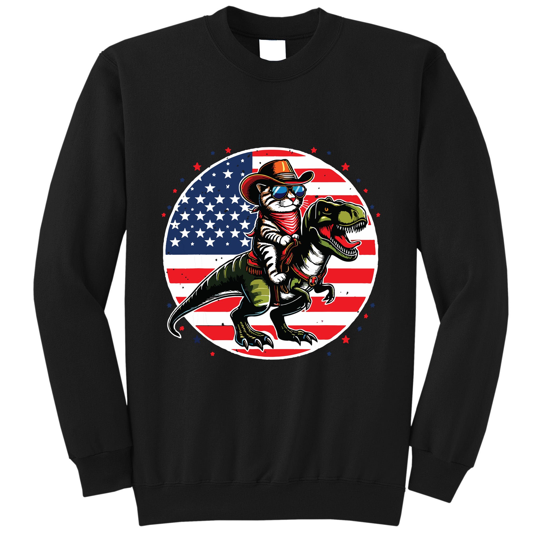 Funny Cowboy Cat Riding Dinosaur Usa Flag Trex 4th Of July Tall Sweatshirt
