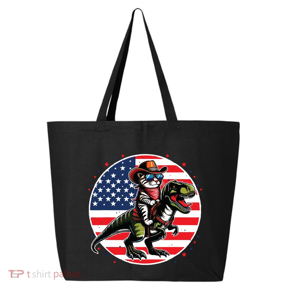 Funny Cowboy Cat Riding Dinosaur Usa Flag Trex 4th Of July 25L Jumbo Tote