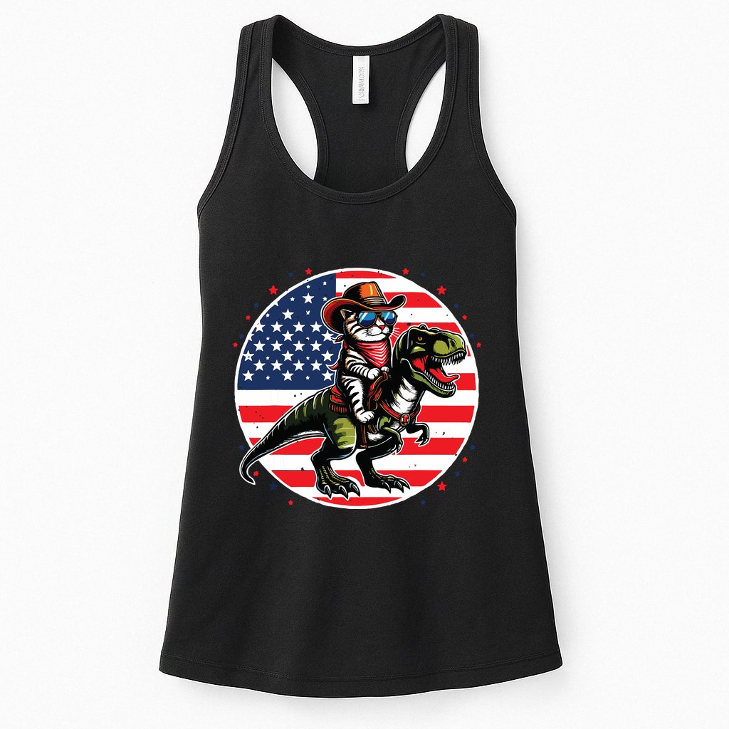Funny Cowboy Cat Riding Dinosaur Usa Flag Trex 4th Of July Womens Tank Top