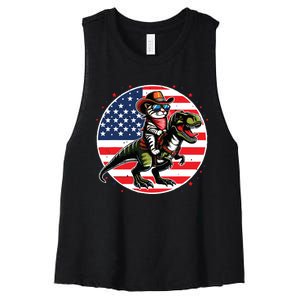 Funny Cowboy Cat Riding Dinosaur Usa Flag Trex 4th Of July Women's Racerback Cropped Tank