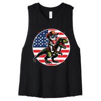 Funny Cowboy Cat Riding Dinosaur Usa Flag Trex 4th Of July Women's Racerback Cropped Tank