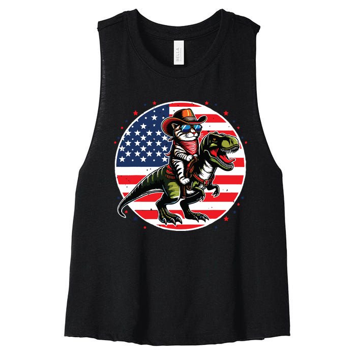 Funny Cowboy Cat Riding Dinosaur Usa Flag Trex 4th Of July Women's Racerback Cropped Tank