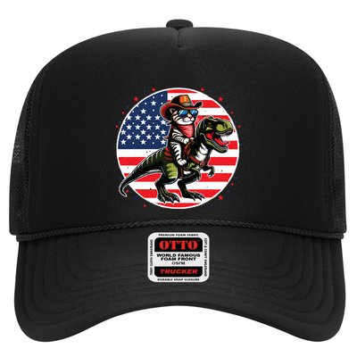 Funny Cowboy Cat Riding Dinosaur Usa Flag Trex 4th Of July Trucker Hat