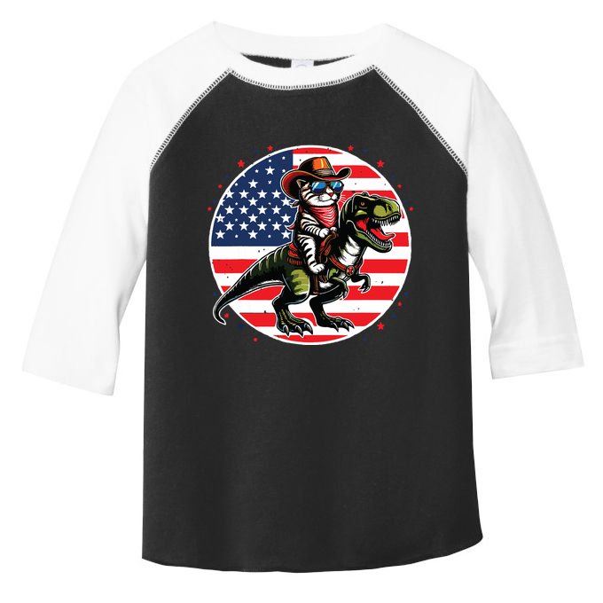 Funny Cowboy Cat Riding Dinosaur Usa Flag Trex 4th Of July Toddler Fine Jersey T-Shirt