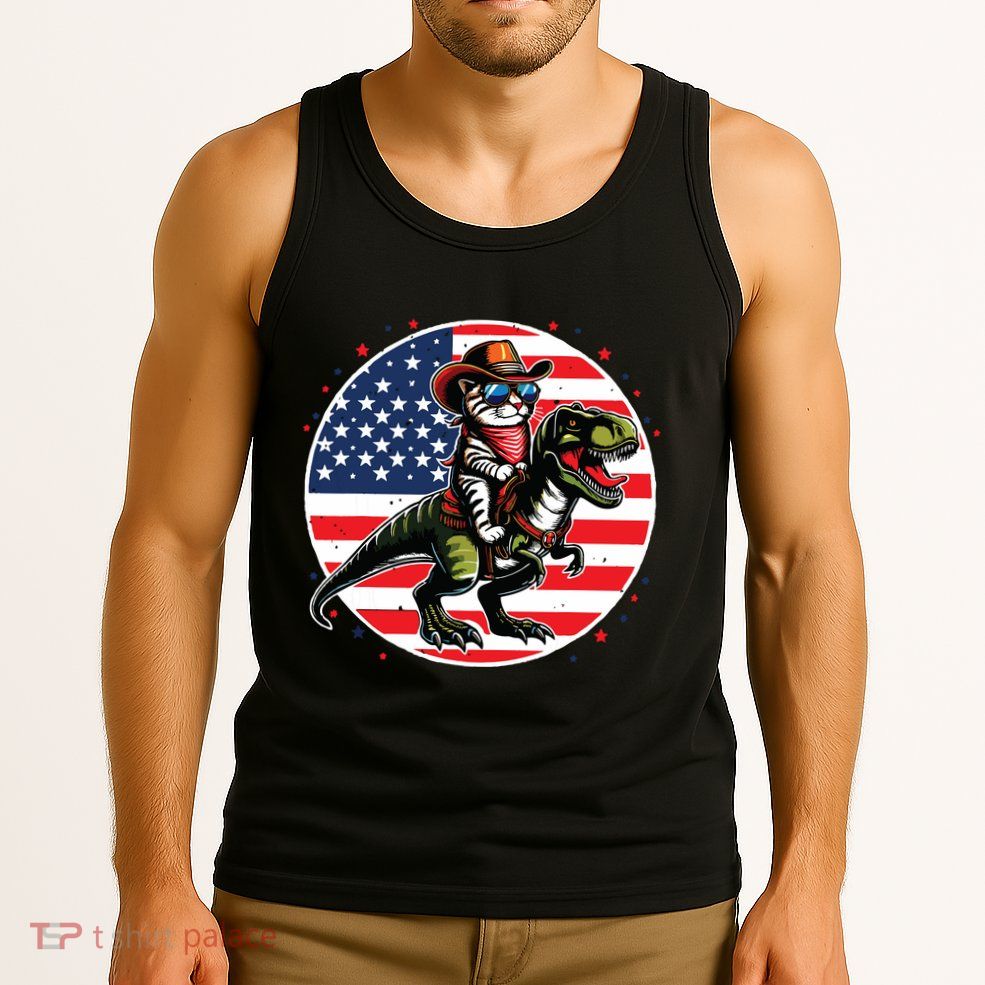 Funny Cowboy Cat Riding Dinosaur Usa Flag Trex 4th Of July Tank Top