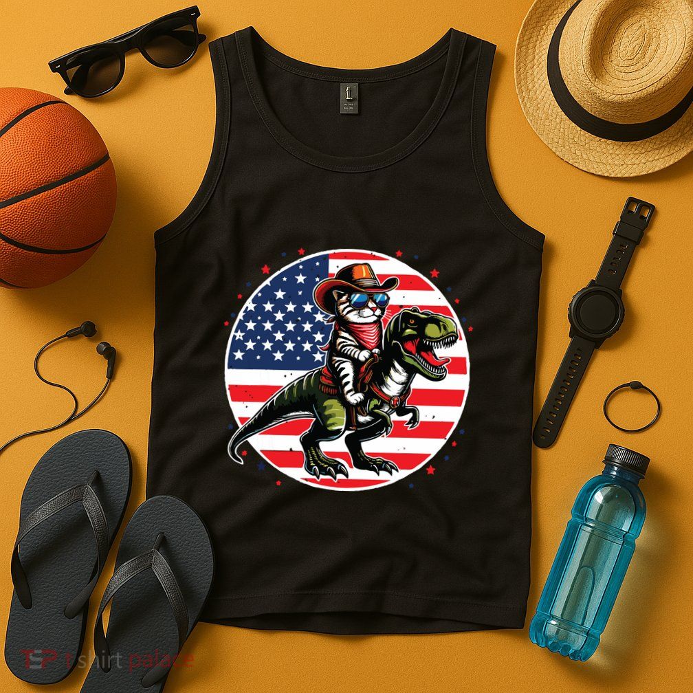 Funny Cowboy Cat Riding Dinosaur Usa Flag Trex 4th Of July Tank Top