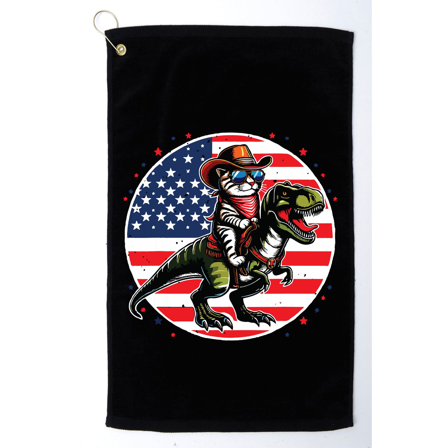 Funny Cowboy Cat Riding Dinosaur Usa Flag Trex 4th Of July Golf Towel
