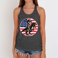 Funny Cowboy Cat Riding Dinosaur Usa Flag Trex 4th Of July Women's Knotted Racerback Tank