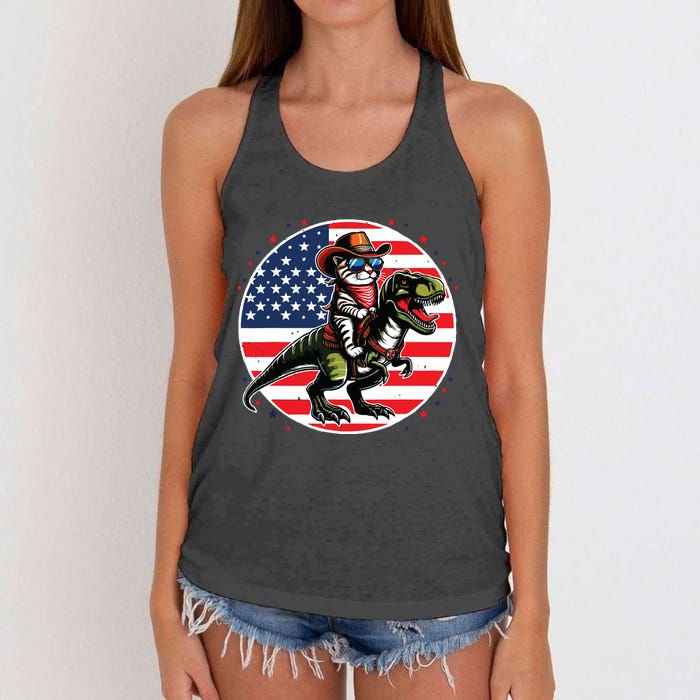 Funny Cowboy Cat Riding Dinosaur Usa Flag Trex 4th Of July Women's Knotted Racerback Tank