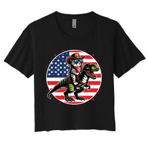 Funny Cowboy Cat Riding Dinosaur Usa Flag Trex 4th Of July Women's Crop Top Tee