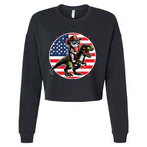 Funny Cowboy Cat Riding Dinosaur Usa Flag Trex 4th Of July Cropped Pullover Crew