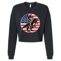 Funny Cowboy Cat Riding Dinosaur Usa Flag Trex 4th Of July Cropped Pullover Crew