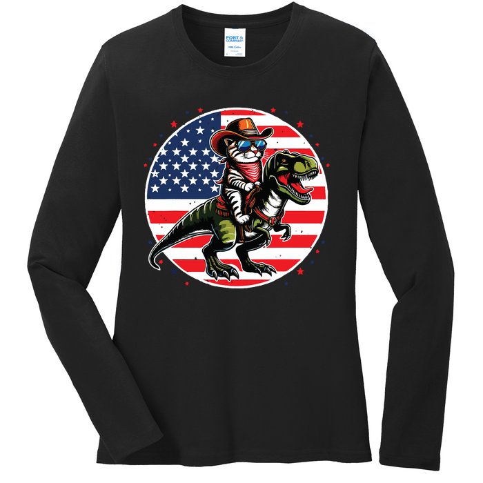 Funny Cowboy Cat Riding Dinosaur Usa Flag Trex 4th Of July Ladies Long Sleeve Shirt