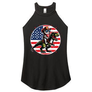 Funny Cowboy Cat Riding Dinosaur Usa Flag Trex 4th Of July Women's Perfect Tri Rocker Tank