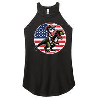 Funny Cowboy Cat Riding Dinosaur Usa Flag Trex 4th Of July Women's Perfect Tri Rocker Tank