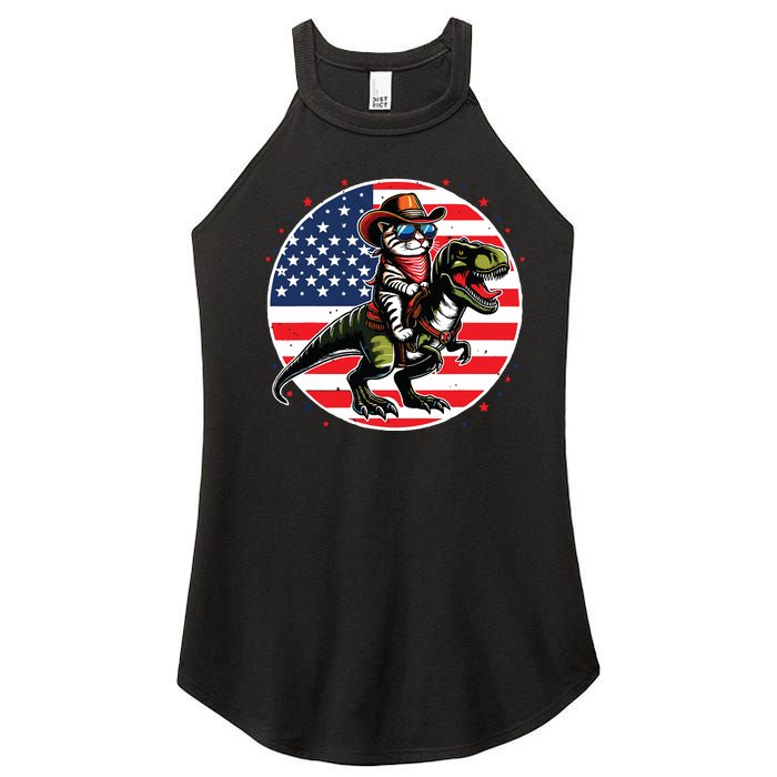 Funny Cowboy Cat Riding Dinosaur Usa Flag Trex 4th Of July Women's Perfect Tri Rocker Tank