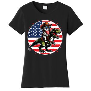 Funny Cowboy Cat Riding Dinosaur Usa Flag Trex 4th Of July Women's T-Shirt