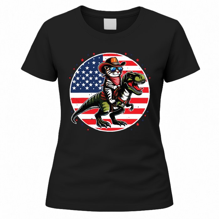 Funny Cowboy Cat Riding Dinosaur Usa Flag Trex 4th Of July Women's T-Shirt