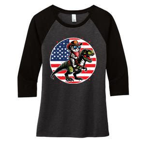 Funny Cowboy Cat Riding Dinosaur Usa Flag Trex 4th Of July Women's Tri-Blend 3/4-Sleeve Raglan Shirt