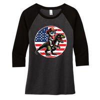 Funny Cowboy Cat Riding Dinosaur Usa Flag Trex 4th Of July Women's Tri-Blend 3/4-Sleeve Raglan Shirt