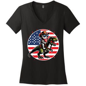 Funny Cowboy Cat Riding Dinosaur Usa Flag Trex 4th Of July Women's V-Neck T-Shirt