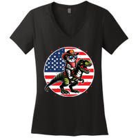 Funny Cowboy Cat Riding Dinosaur Usa Flag Trex 4th Of July Women's V-Neck T-Shirt