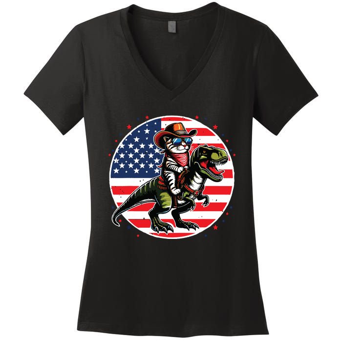 Funny Cowboy Cat Riding Dinosaur Usa Flag Trex 4th Of July Women's V-Neck T-Shirt