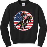 Funny Cowboy Cat Riding Dinosaur Usa Flag Trex 4th Of July Kids Sweatshirt