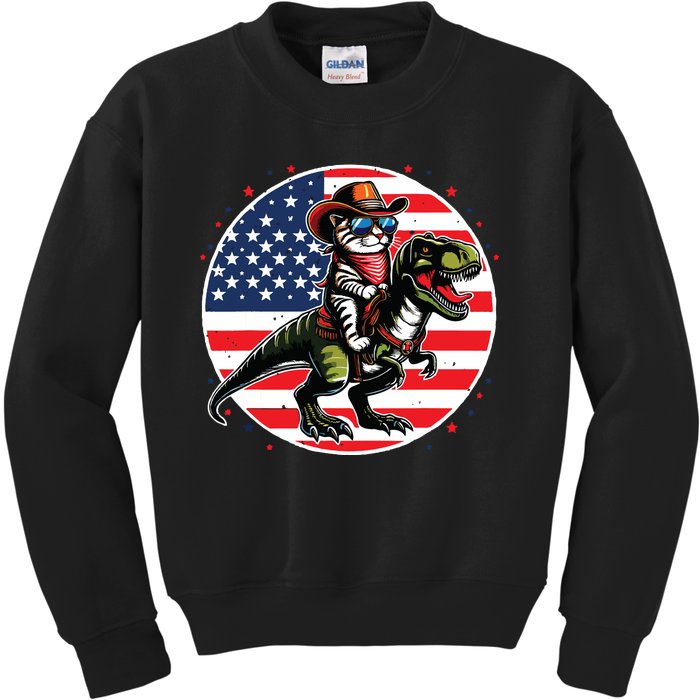 Funny Cowboy Cat Riding Dinosaur Usa Flag Trex 4th Of July Kids Sweatshirt